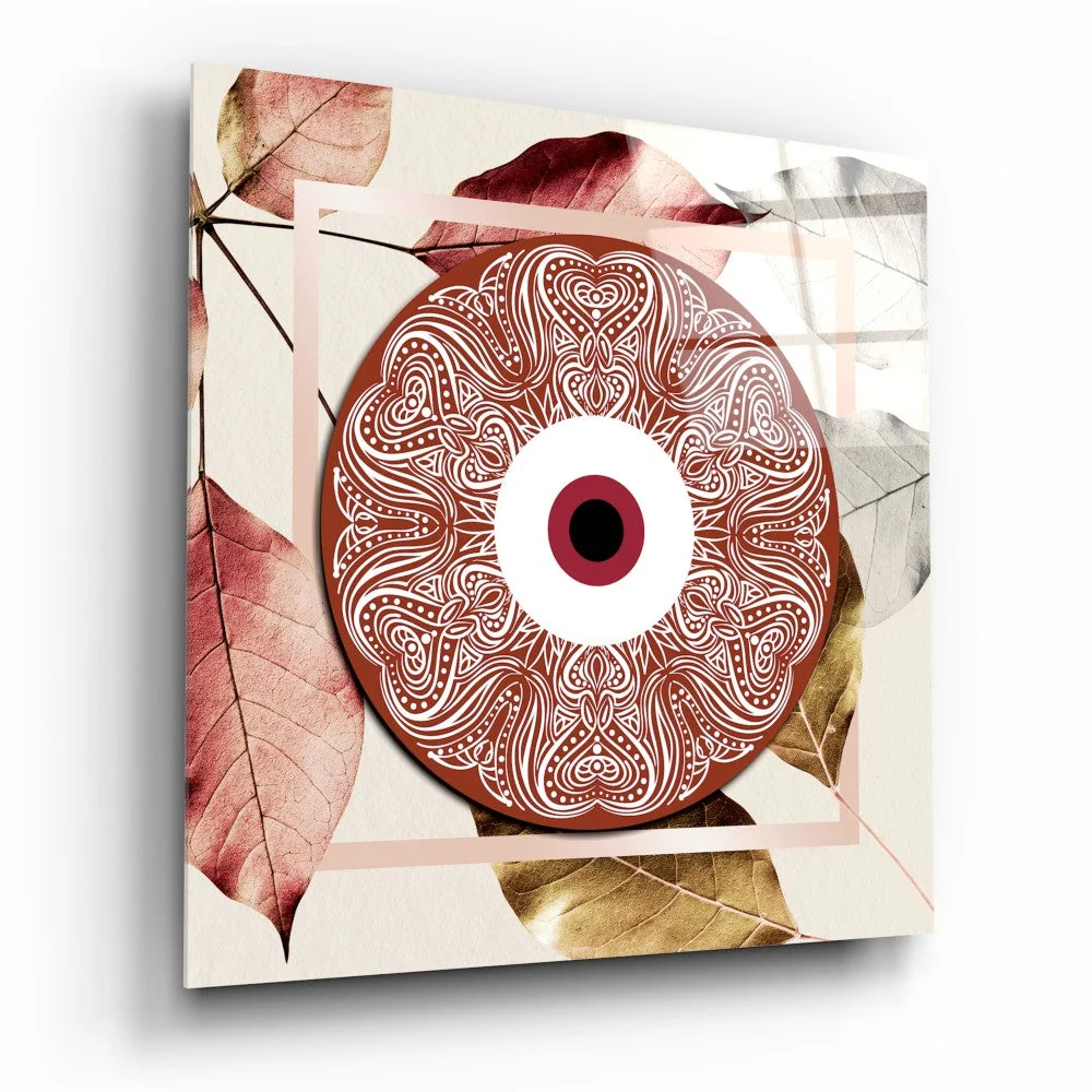 Stunning tempered glass art of reddish-brown mandala eye with gold leaves