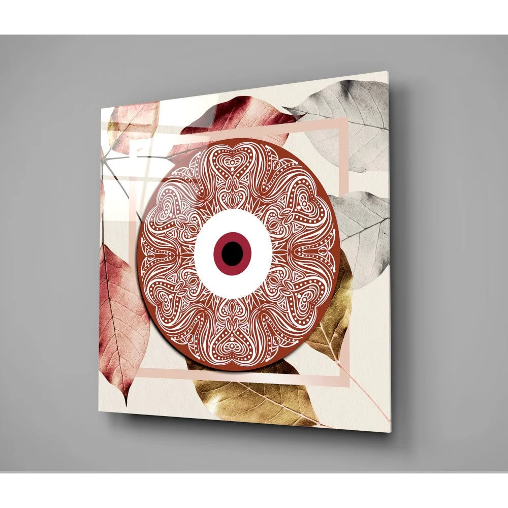 Stunning tempered glass art of reddish-brown mandala eye design