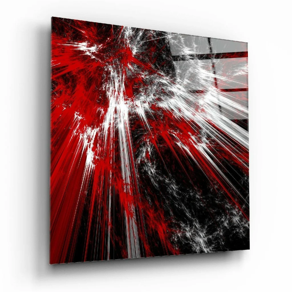 Explosive Red Abstract Glass Wall Art with Dynamic Streaks | Insigneart USA | vintageantiquesgifts.com