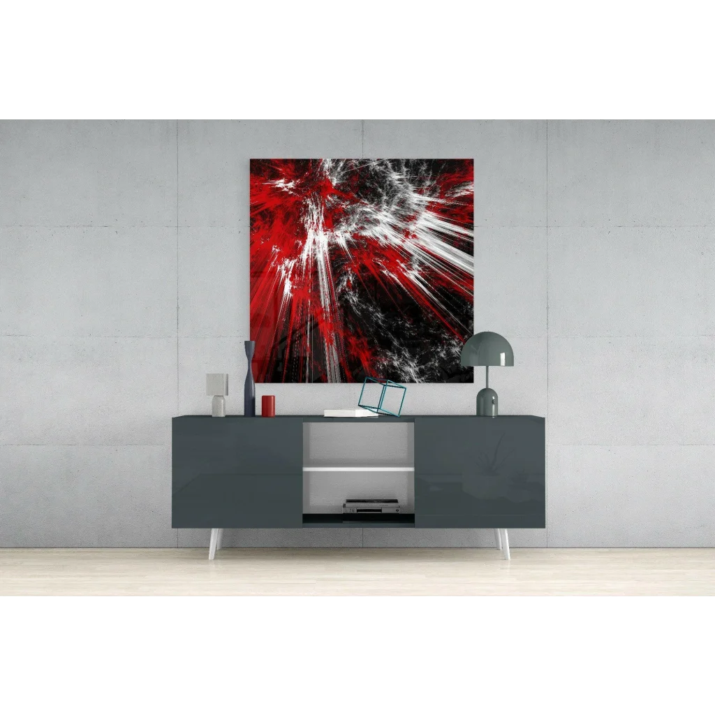 Explosive Red Abstract Glass Wall Art with Dynamic Streaks | Contemporary Home Wall Art | vintageantiquesgifts.com