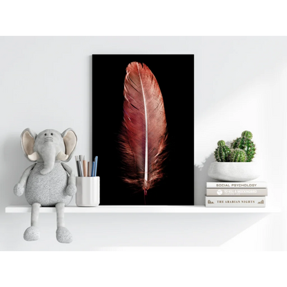 Stunning copper feather on insigne aluminum print, rust tones on black