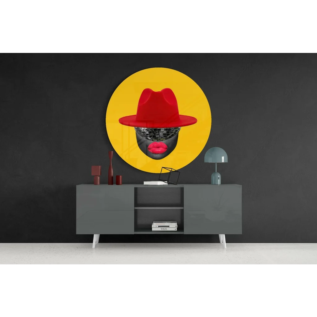 Red sequined fedora tempered glass art on yellow circle