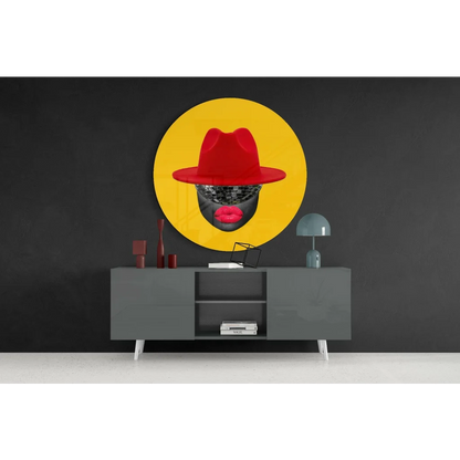 Red sequined fedora tempered glass art on yellow circle