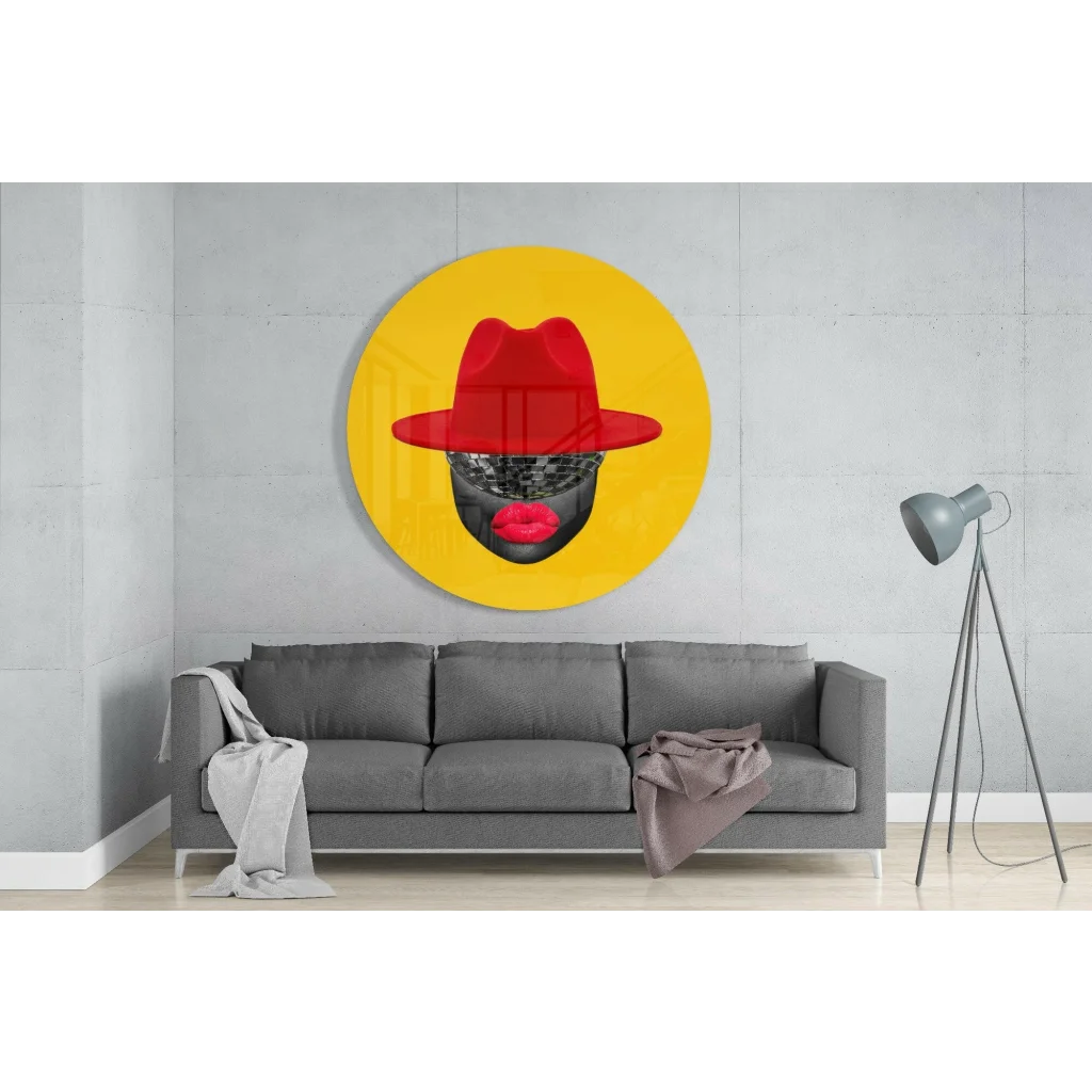 Red fedora tempered glass art with bold black face pop design