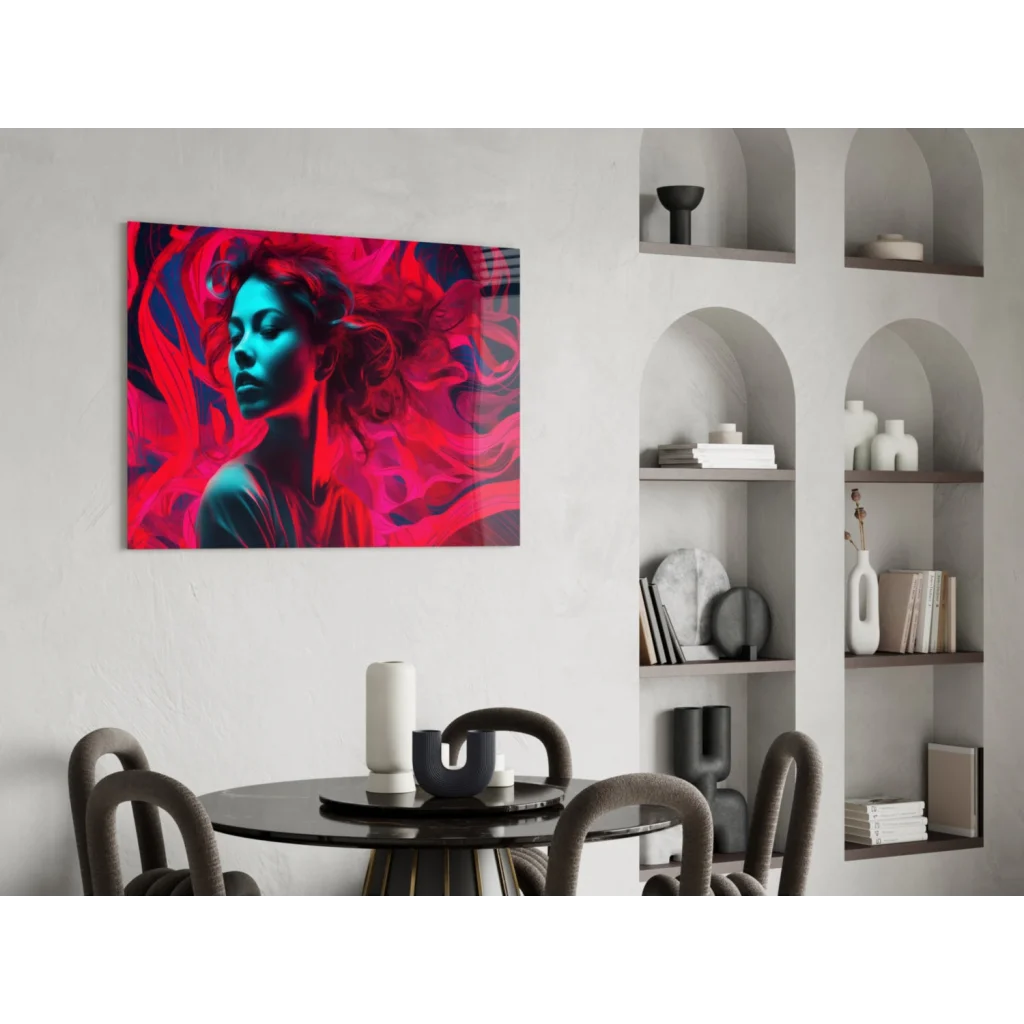 Vibrant glass wall art print of stylized portrait with electric blue skin and red hair
