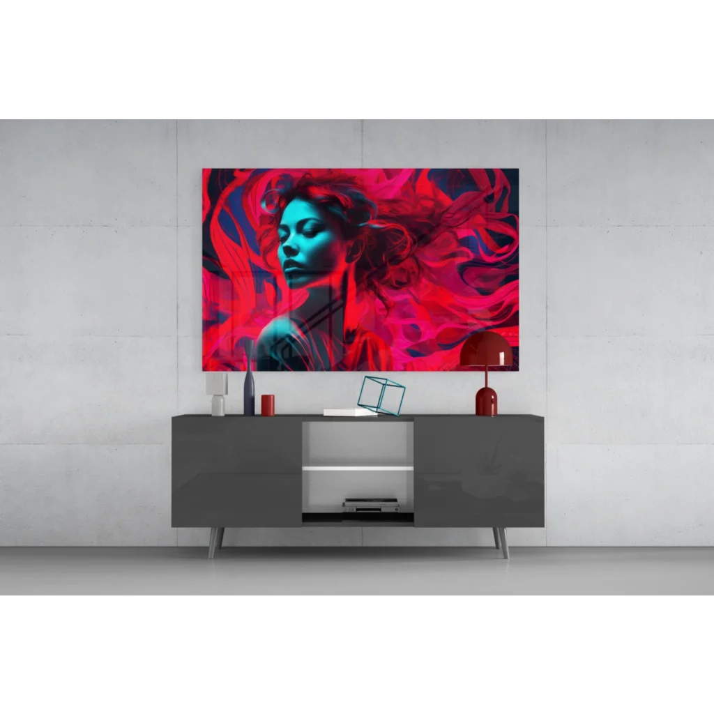 Vibrant abstract glass wall art print of woman with flowing red and blue hair on dark canvas