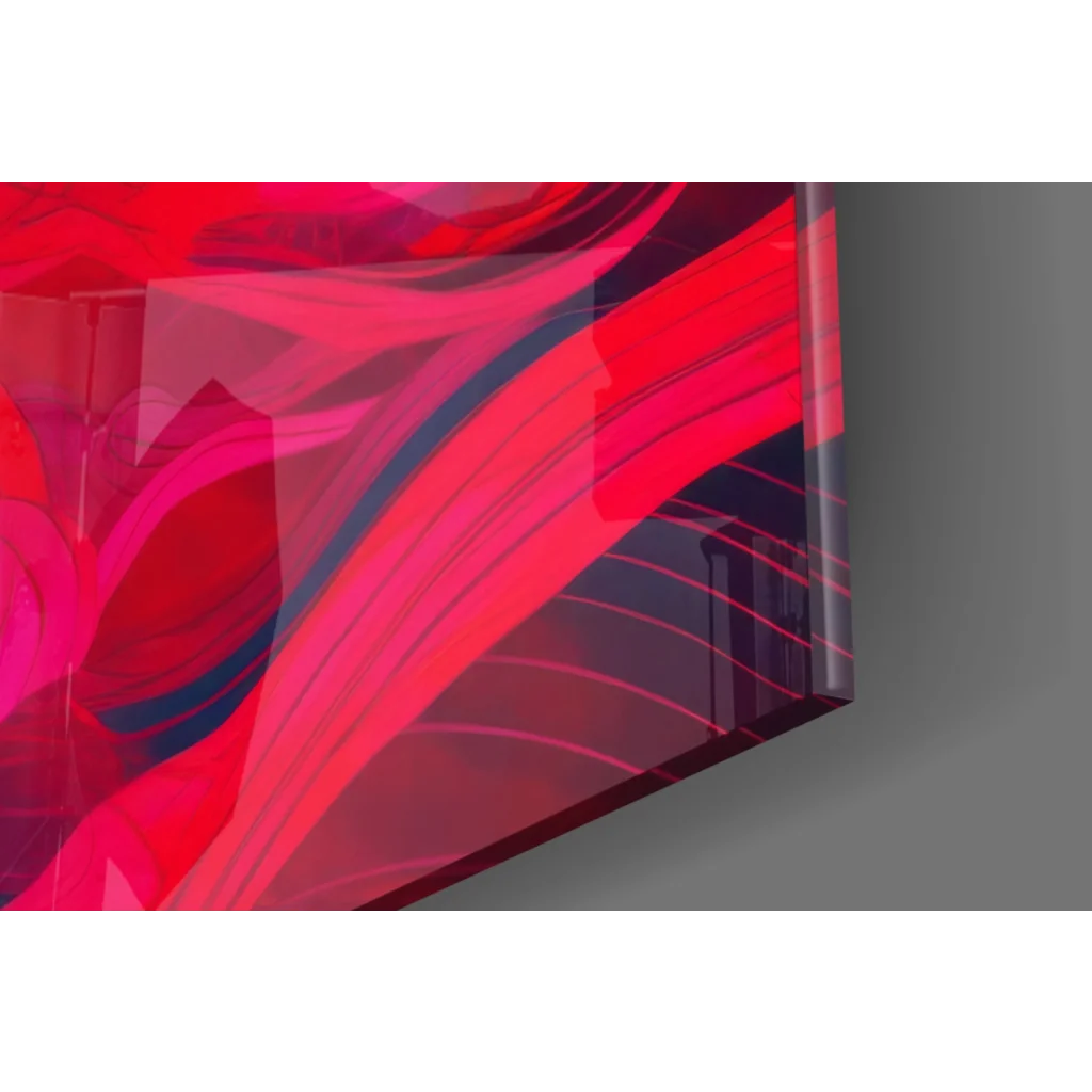 Vibrant red and pink glass wall art print with glossy translucent layers