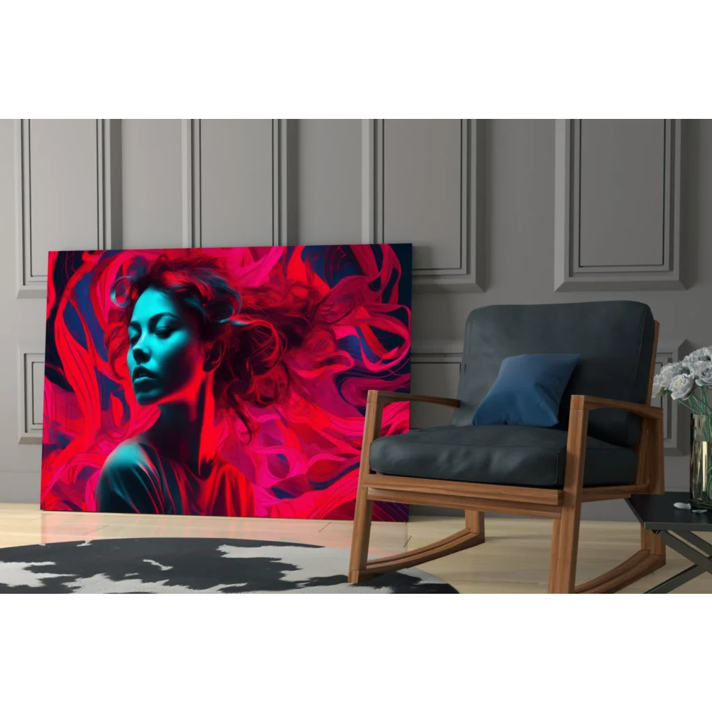 Vibrant glass wall art print of woman with blue skin and red hair on pink background