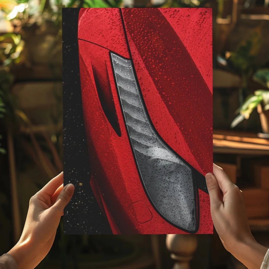 Red Ferrari canvas print poster with metallic carbon fiber accents and headlight