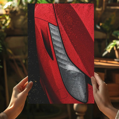 Red Ferrari canvas print poster with metallic carbon fiber accents and headlight