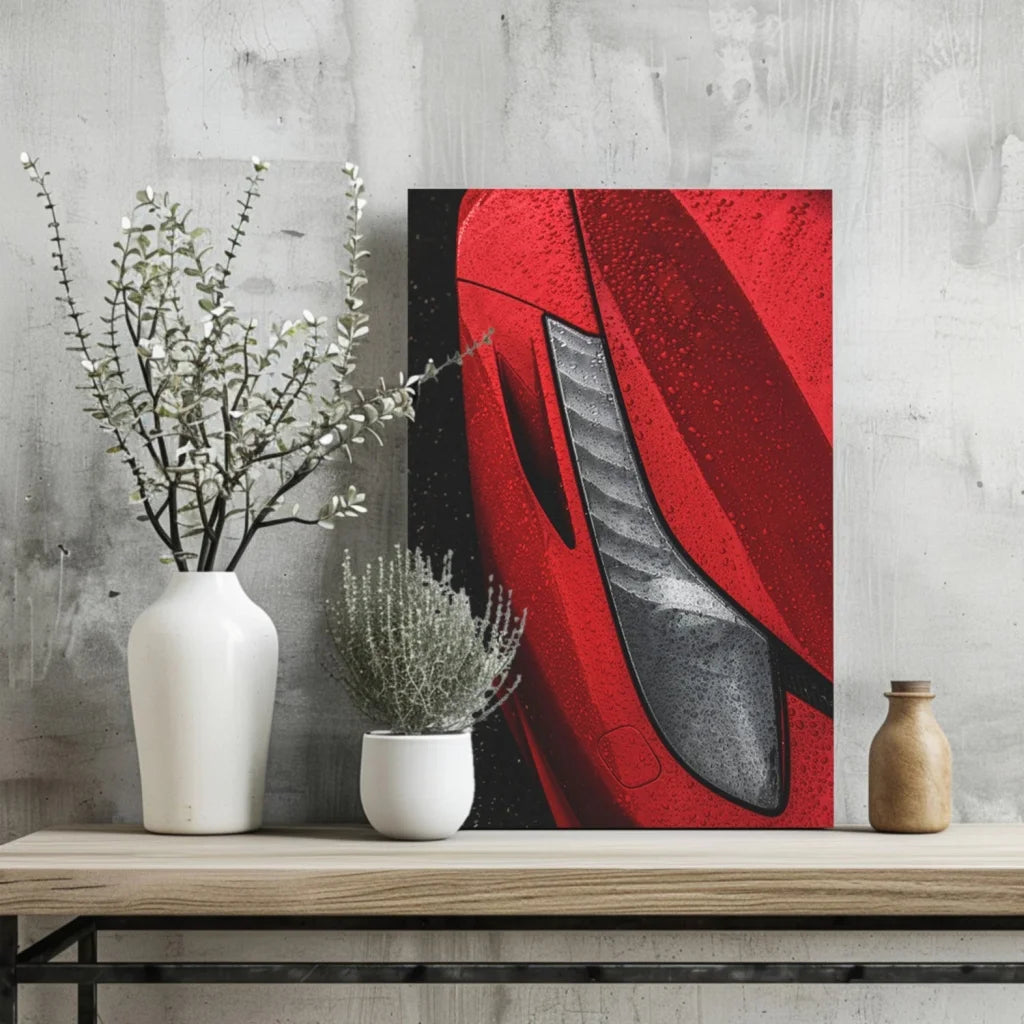 Red Ferrari canvas print with black abstract metallic carbon fiber accents