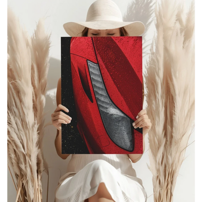Red Ferrari headlight poster canvas print with metallic carbon fiber accents
