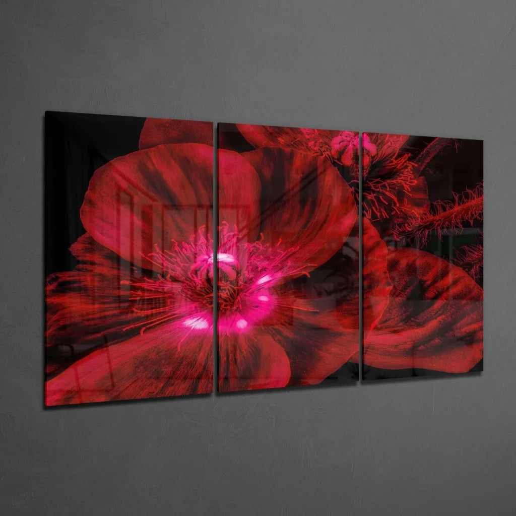 Stunning Red Poppy Glass Wall Art Three Panel Set | Glass Wall Art Print | vintageantiquesgifts.com