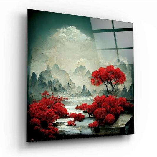 Stunning Red Forest Glass Wall Art with Misty Teal Mountains | Insigneart USA | vintageantiquesgifts.com