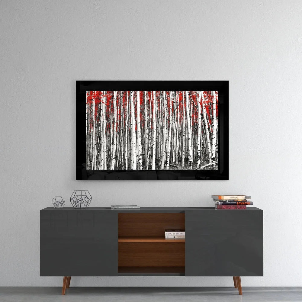 Aspen Trees Red Leaves Glass Wall Art Black Frame | Contemporary Home Wall Art | vintageantiquesgifts.com