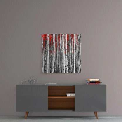 Stunning Red Birch Forest Glass Wall Art Canvas Print | Contemporary Home Wall Art | vintageantiquesgifts.com