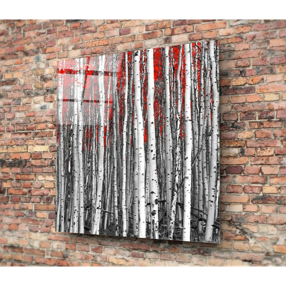 Stunning Red Birch Forest Glass Wall Art Canvas Print | Glass Wall Art Print | vintageantiquesgifts.com