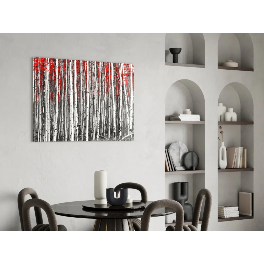 Modern red birch forest wall art canvas print on minimalist wall
