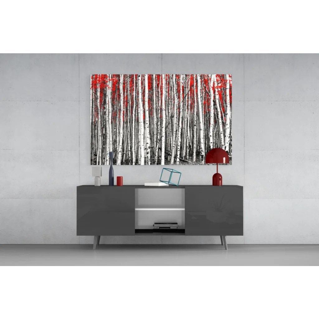 Stunning red birch forest canvas wall art above gray console