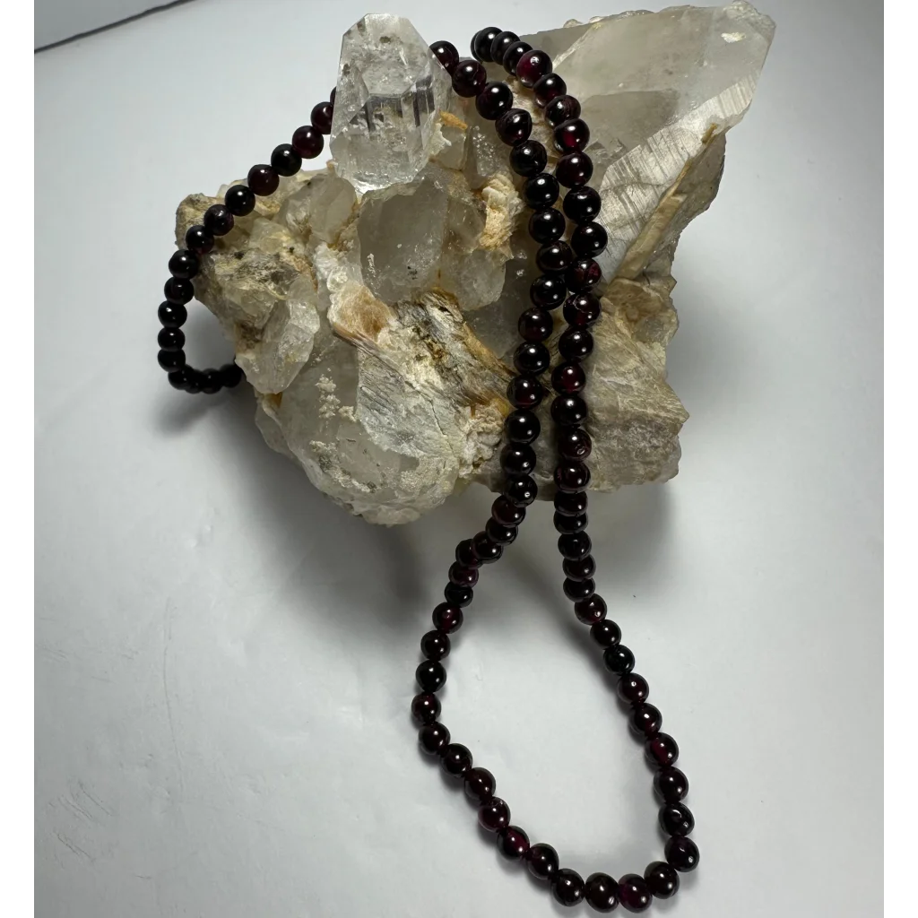 Red garnet round bead necklace with sterling silver chain