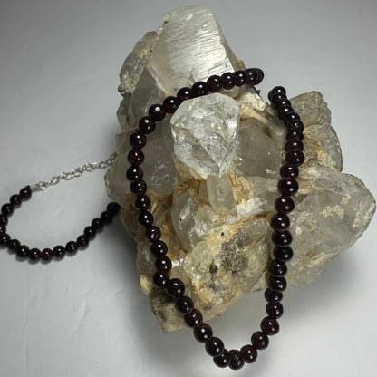 Red garnet round bead necklace with sterling silver chain