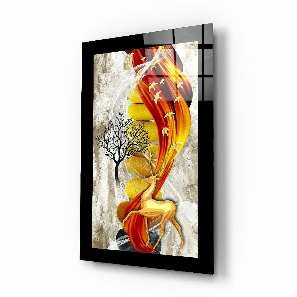 Golden flame deer glass wall art with fiery red orange details