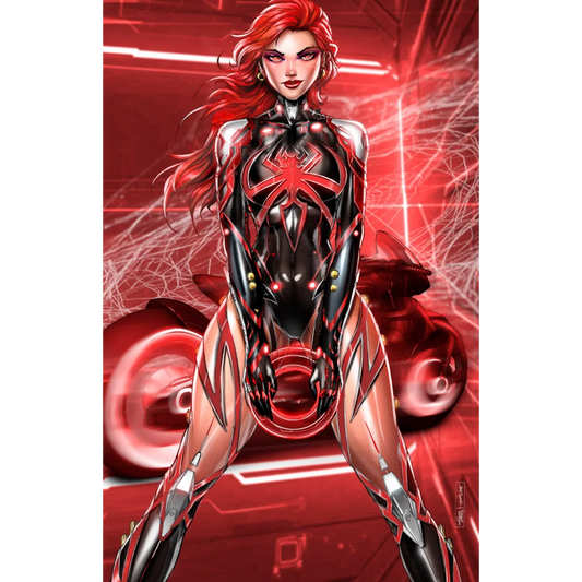 Red-haired White Widow superheroine in sleek black red armored suit with glowing spider emblem, tron metal comic style