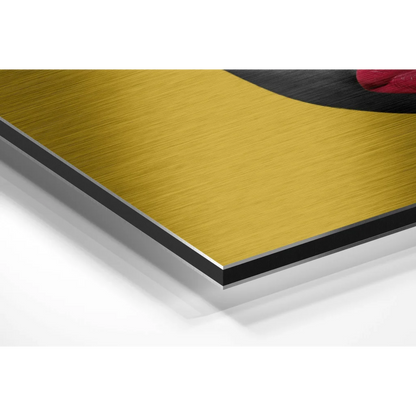 Stunning brushed aluminium dibond abstract wall art with gold brushed metal, black border, red accent