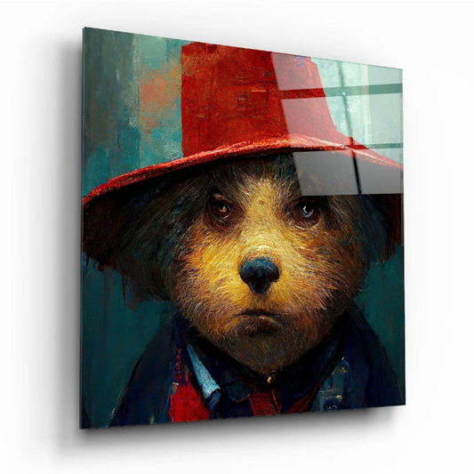 Charming red hat teddy bear glass wall art canvas print for home decor