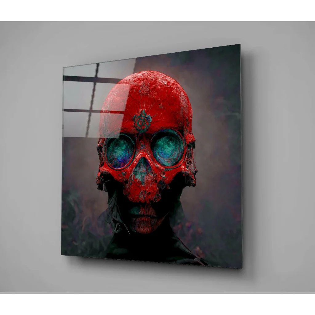 Striking red skull with glowing teal eyes on glossy glass wall art panel