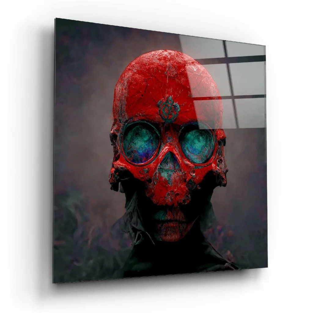 Red skull with teal glowing eyes on glass wall art panel