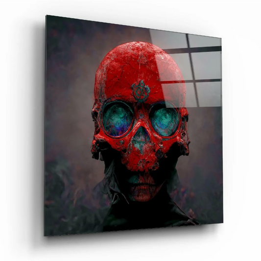 Red skull with teal glowing eyes on glass wall art panel