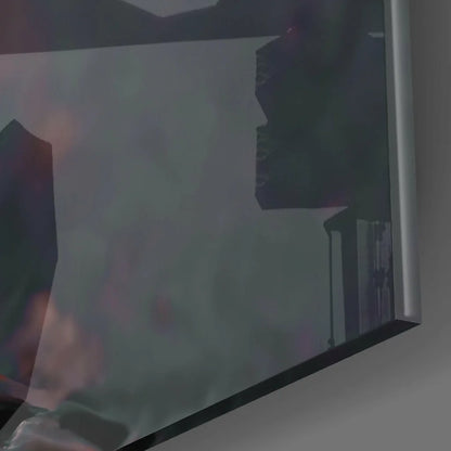 Dark abstract cityscape framed in glowing skull glass wall art with neon eyes