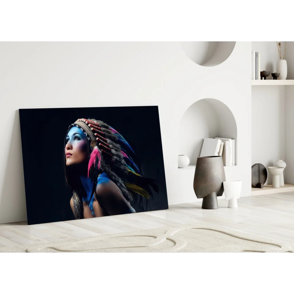 Feathered Headdress Portrait Glass Wall Art Canvas Print | Modern Wall Art Decor | vintageantiquesgifts.com
