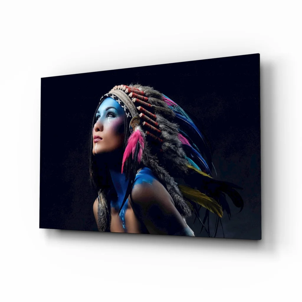 Feathered Headdress Portrait Glass Wall Art Canvas Print | Insigneart USA | vintageantiquesgifts.com