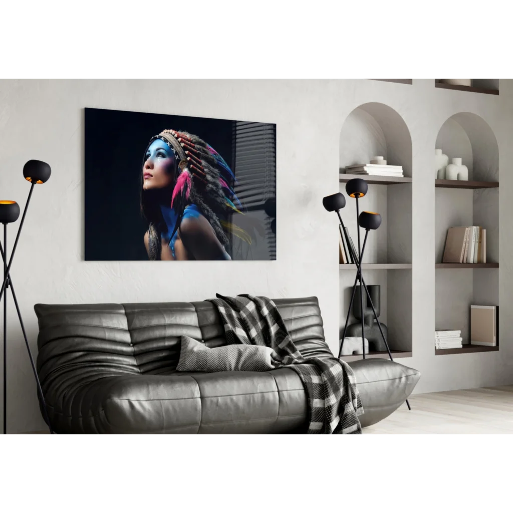 Feathered Headdress Portrait Glass Wall Art Canvas Print | Contemporary Home Wall Art | vintageantiquesgifts.com