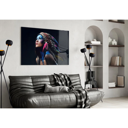 Feathered Headdress Portrait Glass Wall Art Canvas Print | Contemporary Home Wall Art | vintageantiquesgifts.com