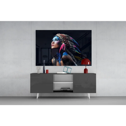 Vibrant feathered headdress portrait on sleek TV as glass wall art