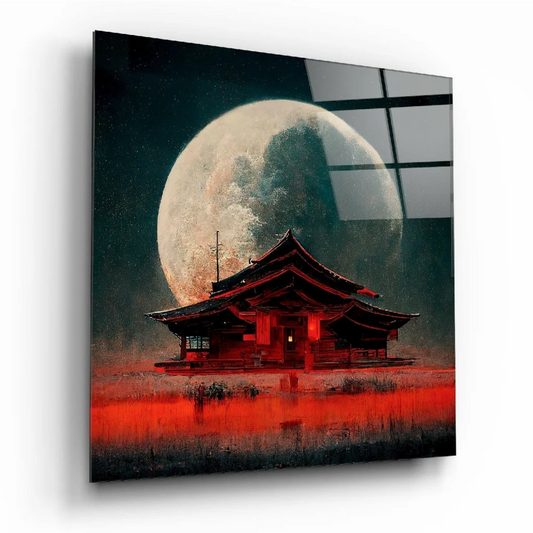 Stylized red Japanese temple under full moon in glass wall art