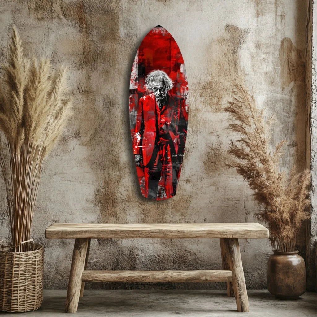 Red Joker surfboard tempered glass art with bold red black abstract textured design