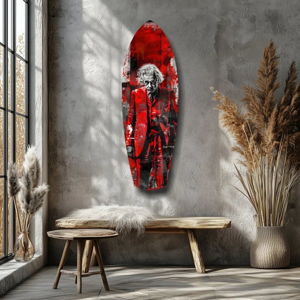 Red Joker surfboard tempered glass art with bold abstract red design and textured canvas-like surface