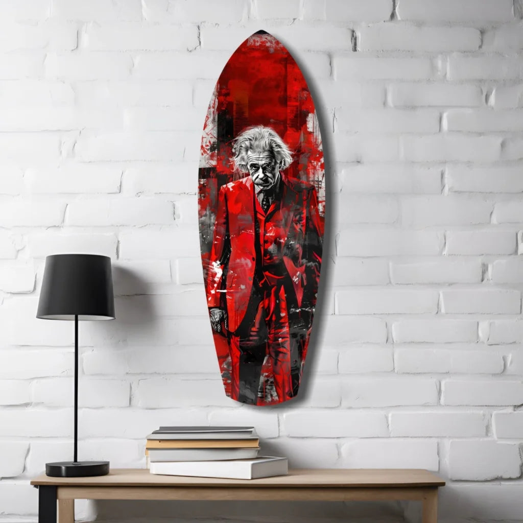 Red Joker Einstein surfboard tempered glass art with bold accents
