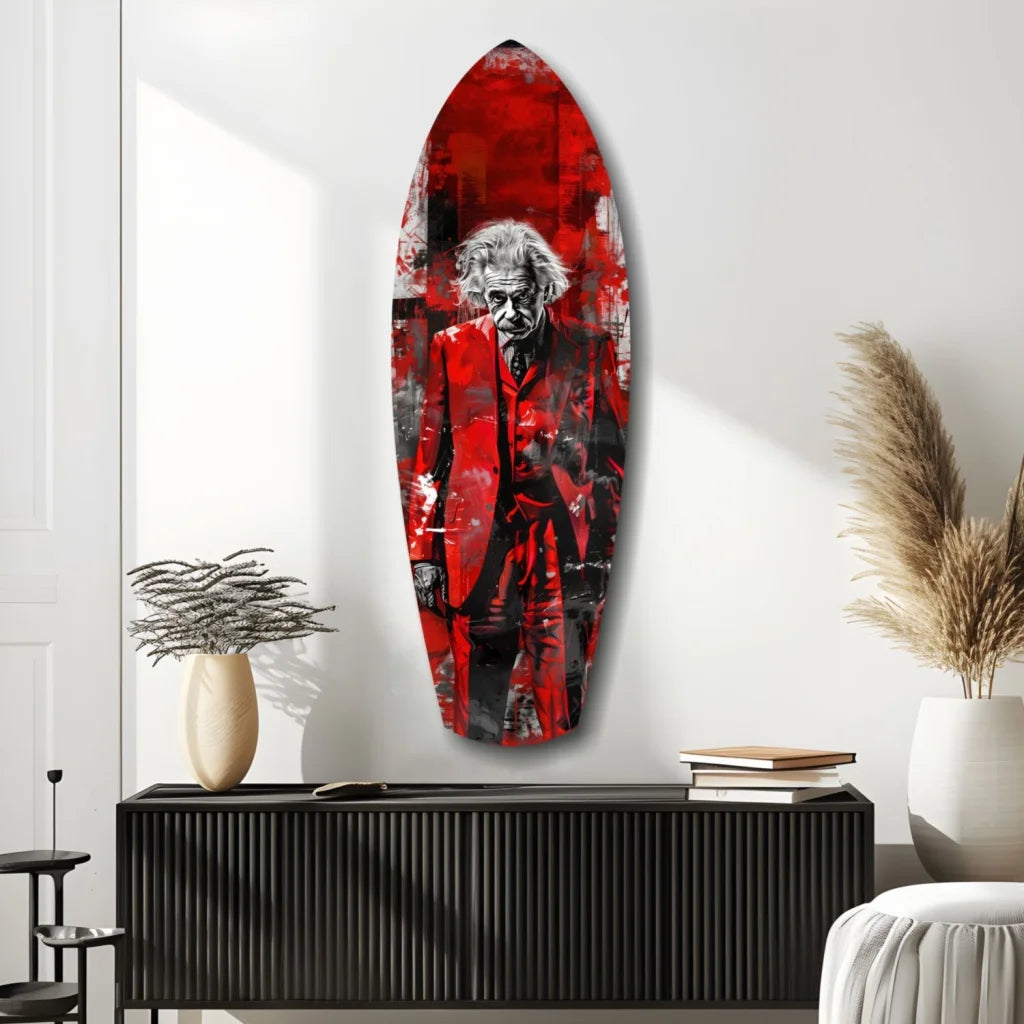 Red abstract Einstein surfboard tempered glass art for bold walls