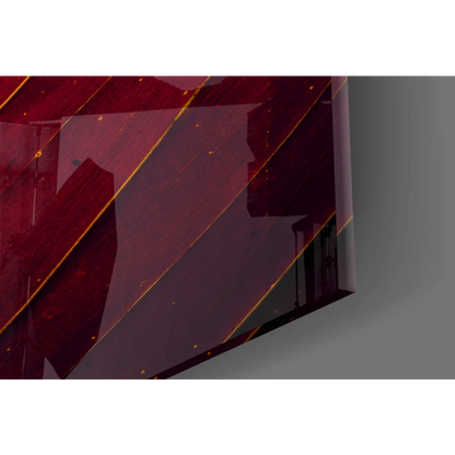 Stunning red leaf glass wall art with golden veins and glowing specks