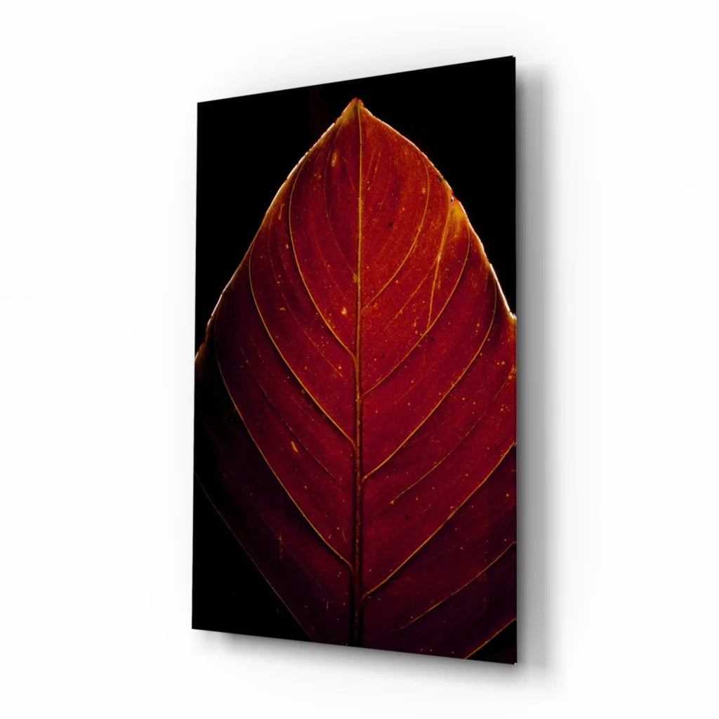 Stunning red leaf glass wall art with golden veins on black frame