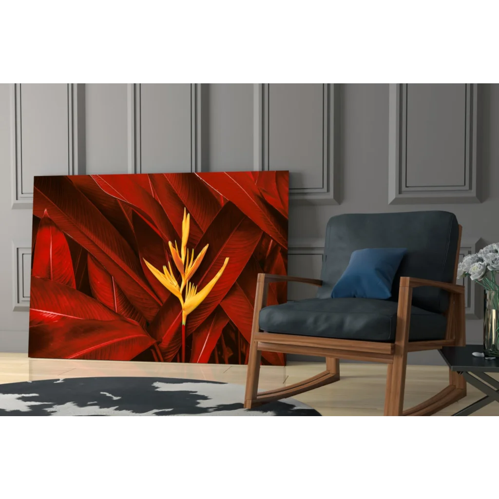 Vibrant red and gold bird of paradise glass wall art print