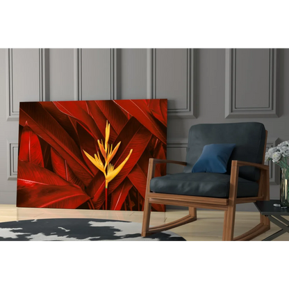 Vibrant red and gold bird of paradise glass wall art print