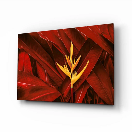 Vibrant yellow heliconia in Tropical Bird of Paradise glass wall art print