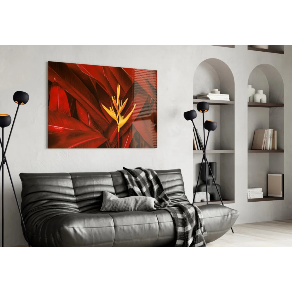 Vibrant red and gold tropical Bird of Paradise glass wall art print on wall