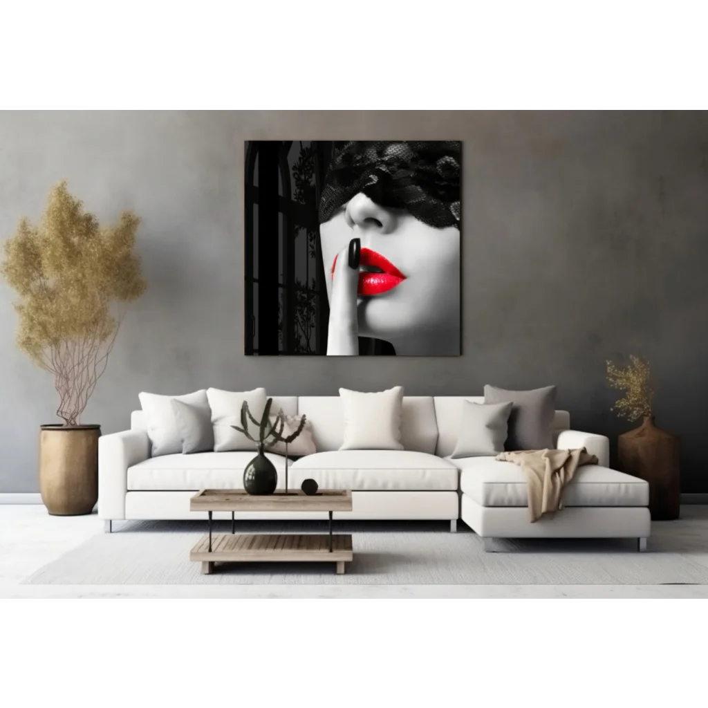 Black-and-white glass wall art print of woman with red lips and lace mask